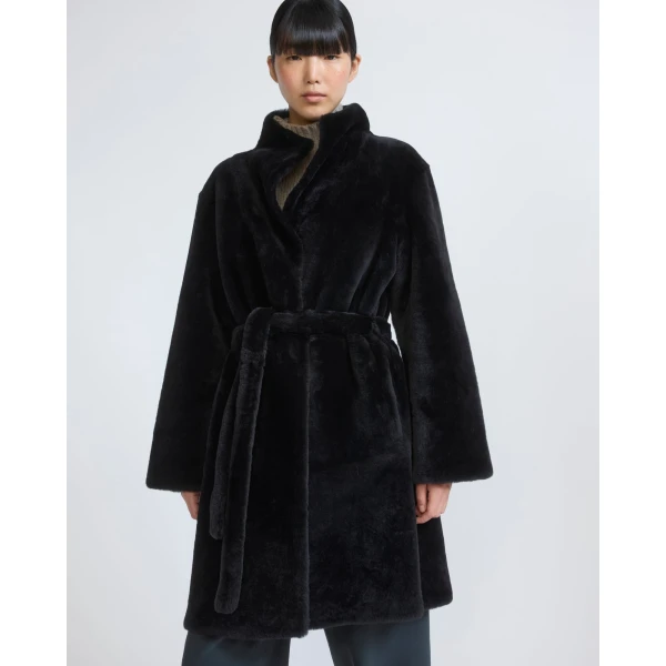 Yves Salomon Reversible Combed Lambskin Shearling Coat in Black | Shearling Coat | Luxury Shoes 