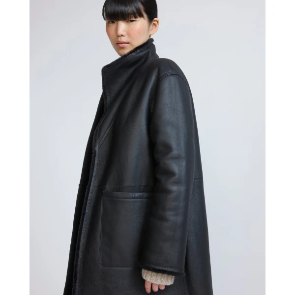 Yves Salomon Reversible Combed Lambskin Shearling Coat in Black | Shearling Coat | Luxury Shoes 