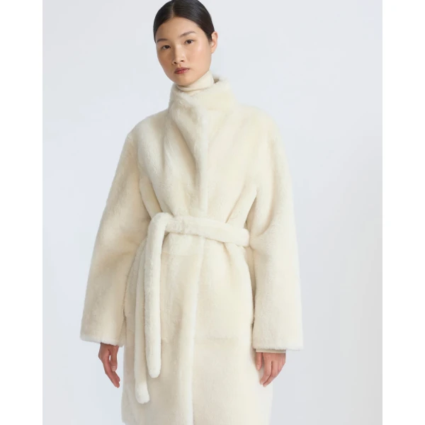 Yves Salomon Reversible Combed Lambskin Shearling Coat in White | Shearling Coat | Luxury Shoes 