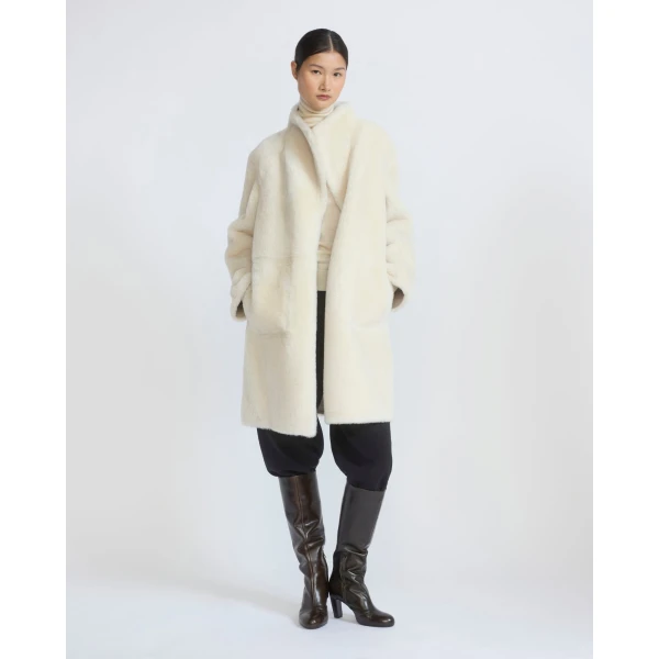 Yves Salomon Reversible Combed Lambskin Shearling Coat in White | Shearling Coat | Luxury Shoes 