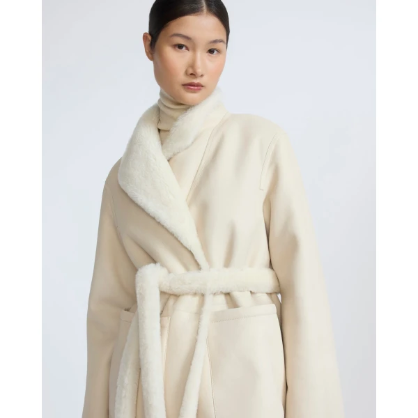 Yves Salomon Reversible Combed Lambskin Shearling Coat in White | Shearling Coat | Luxury Shoes 