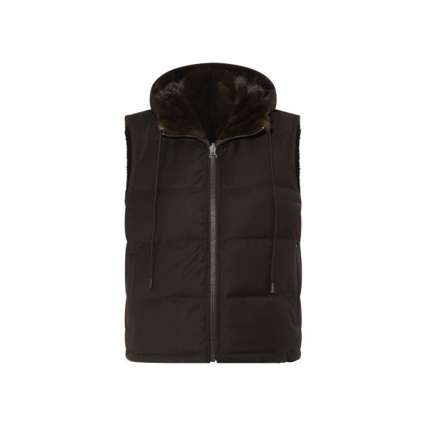 Reversible Flannel and Mink Fur Sleeveless Gilet in Brown