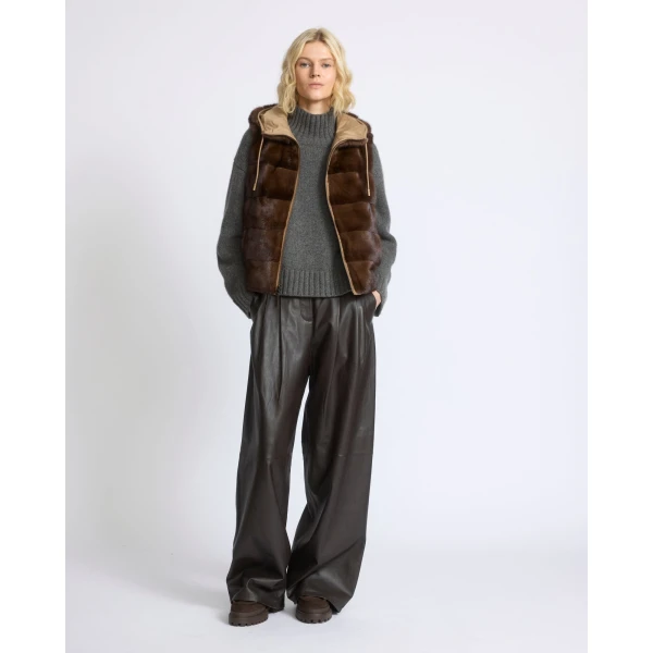 Yves Salomon Reversible Flannel and Mink Fur Sleeveless Gilet in Camel | Vests | Luxury Shoes 