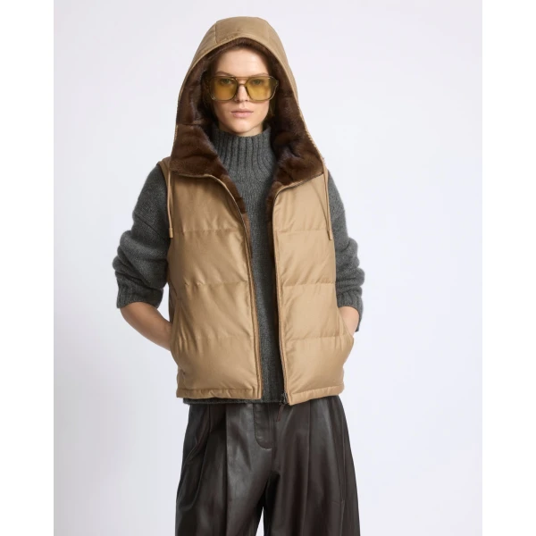 Yves Salomon Reversible Flannel and Mink Fur Sleeveless Gilet in Camel | Vests | Luxury Shoes 