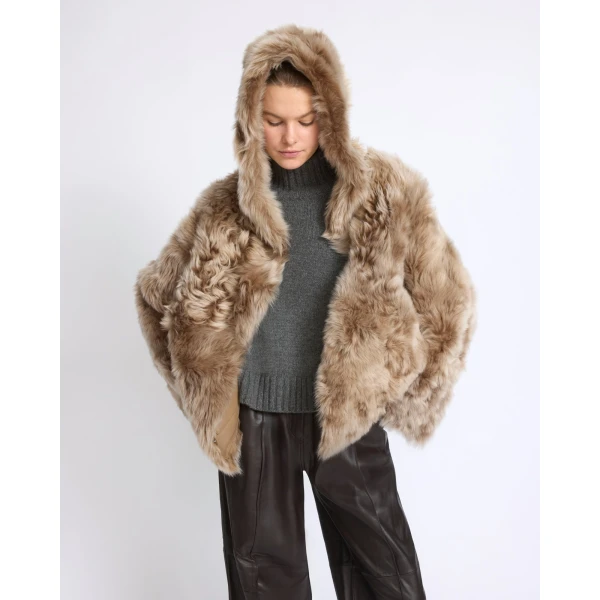Yves Salomon Reversible Hooded Toscana Lambskin Shearling Jacket in Camel | Shearling Jackets | Luxury Shoes 