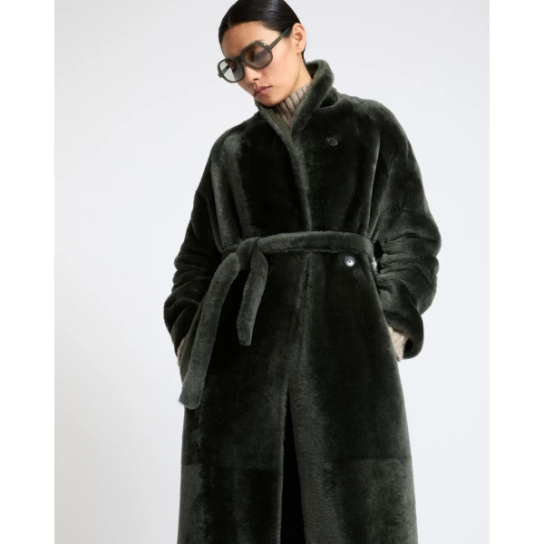 Yves Salomon Reversible Long Lacon Lamb Shearling Coat in Dark Green | Shearling Coat | Luxury Shoes 