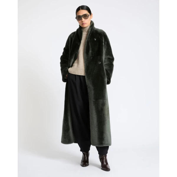Yves Salomon Reversible Long Lacon Lamb Shearling Coat in Dark Green | Shearling Coat | Luxury Shoes 
