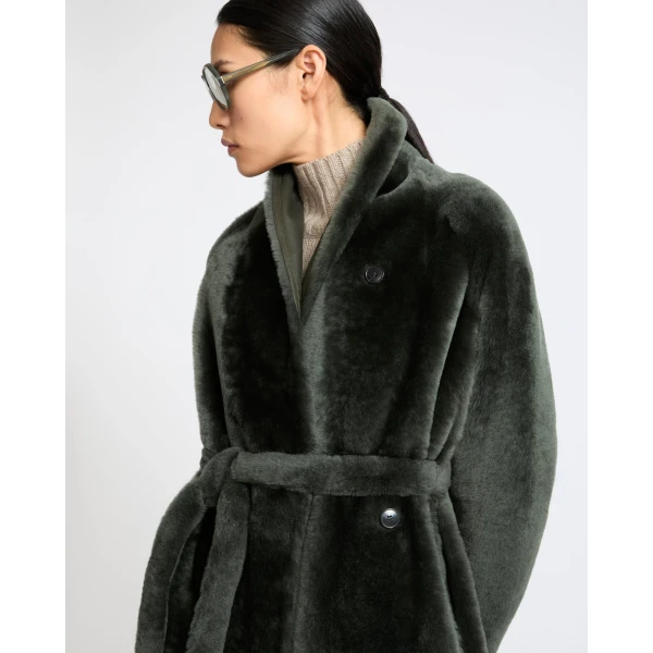 Yves Salomon Reversible Long Lacon Lamb Shearling Coat in Dark Green | Shearling Coat | Luxury Shoes 
