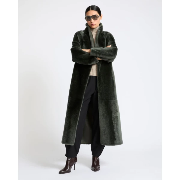Yves Salomon Reversible Long Lacon Lamb Shearling Coat in Dark Green | Shearling Coat | Luxury Shoes 