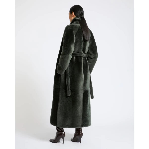 Yves Salomon Reversible Long Lacon Lamb Shearling Coat in Dark Green | Shearling Coat | Luxury Shoes 