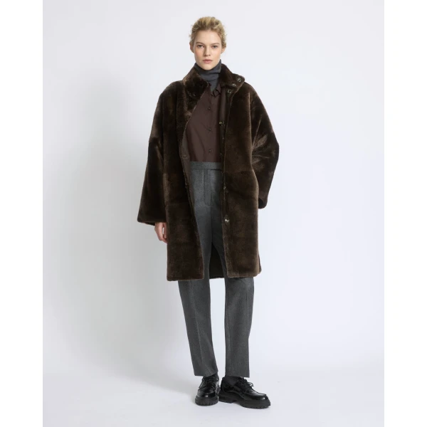 Yves Salomon Reversible Oversized Lamb Shearling Coat in Brown | Shearling Coat | Luxury Shoes 