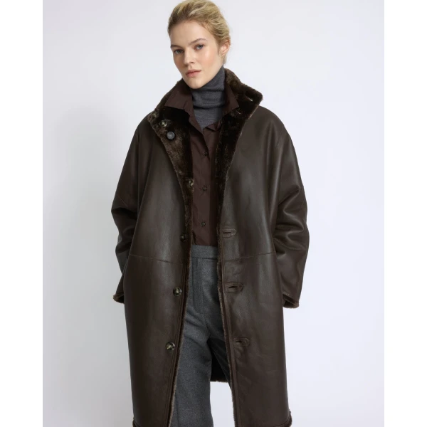 Yves Salomon Reversible Oversized Lamb Shearling Coat in Brown | Shearling Coat | Luxury Shoes 