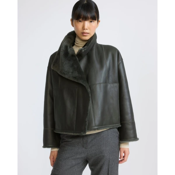 Yves Salomon Reversible Short Lacon Lambskin Shearling Jacket in Dark Green | Shearling Jackets | Luxury Shoes 
