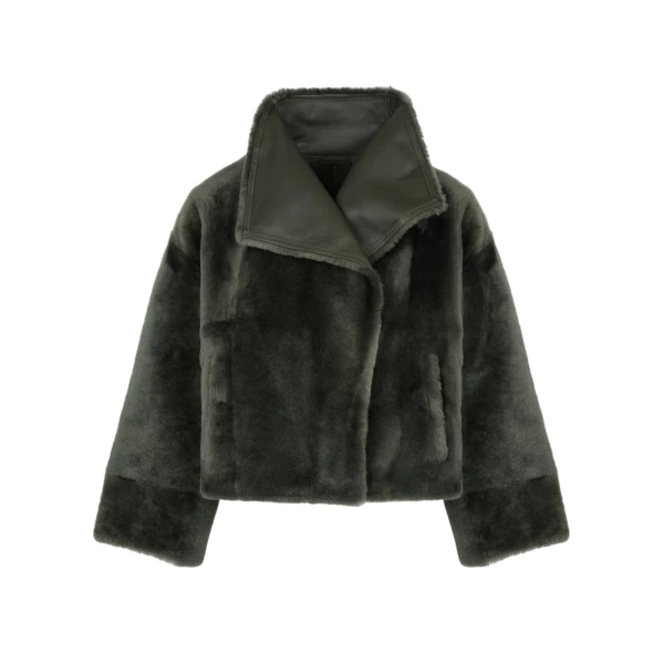 Yves Salomon Reversible Short Lacon Lambskin Shearling Jacket in Dark Green | Shearling Jackets | Luxury Shoes 