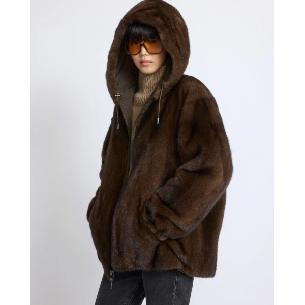 Yves Salomon Reversible Technical Fabric Hoodie with Mink Fur in Khaki | Jackets | Luxury Shoes 