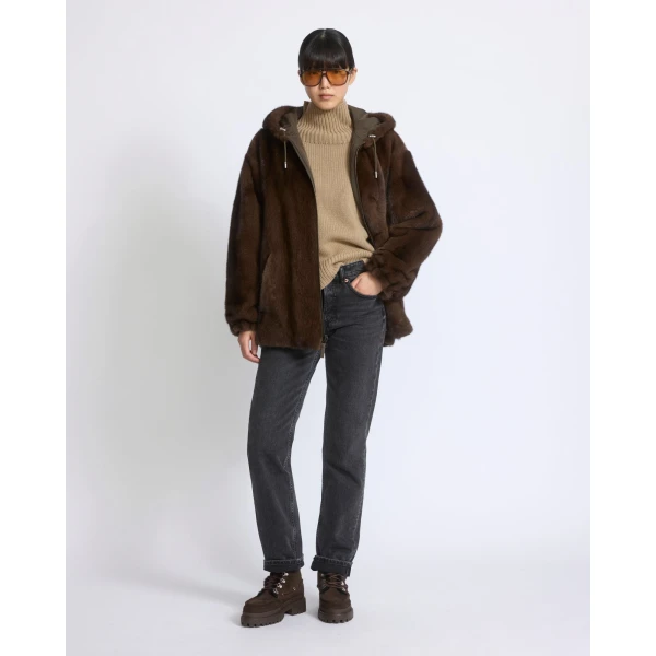 Yves Salomon Reversible Technical Fabric Hoodie with Mink Fur in Khaki | Jackets | Luxury Shoes 