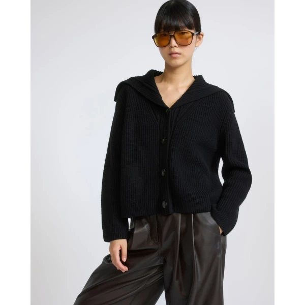 Yves Salomon Sailor Collar Knit Cardigan in Black | Cardigan | Luxury Shoes 
