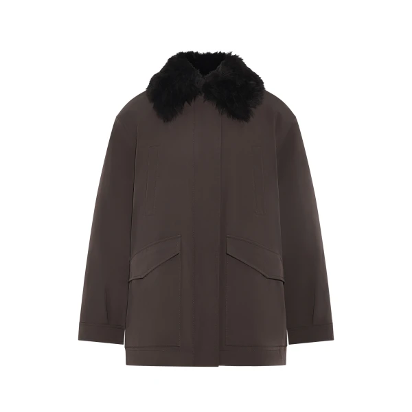 Shirt-Collar Waterproof Parka with Lambskin Shearling in Dark Brown