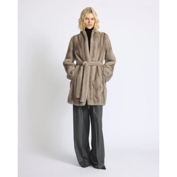 Yves Salomon Short Belted Straightened Long-Haired Mink Fur Coat in Grey | Coats | Luxury Shoes 
