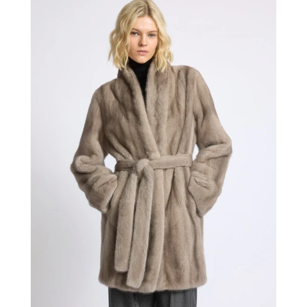 Yves Salomon Short Belted Straightened Long-Haired Mink Fur Coat in Grey | Coats | Luxury Shoes 