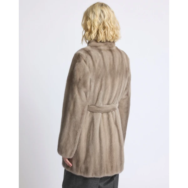 Yves Salomon Short Belted Straightened Long-Haired Mink Fur Coat in Grey | Coats | Luxury Shoes 