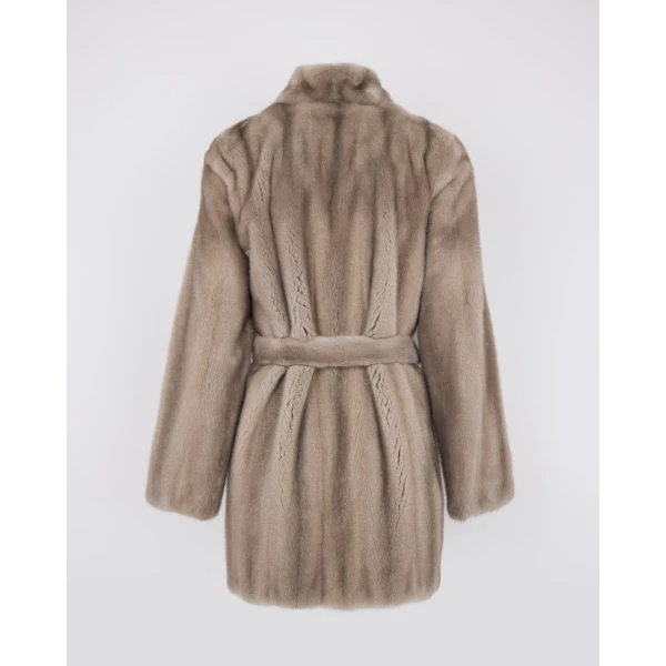 Yves Salomon Short Belted Straightened Long-Haired Mink Fur Coat in Grey | Coats | Luxury Shoes 