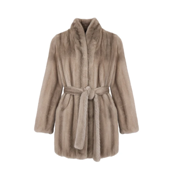 Yves Salomon Short Belted Straightened Long-Haired Mink Fur Coat in Grey | Coats | Luxury Shoes 