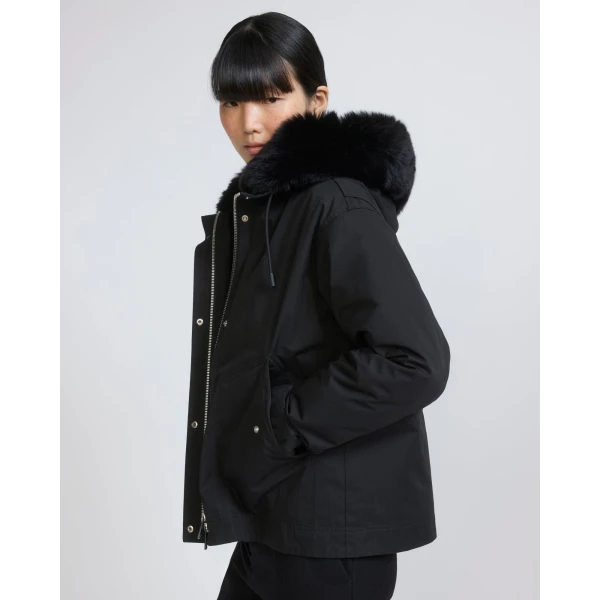 Yves Salomon Short Cotton Parka with Fox and Rabbit Fur in Black | Jackets | Luxury Shoes 