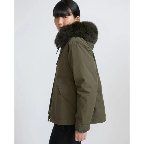 Yves Salomon Short Cotton Parka with Fox and Rabbit Fur in Dark Khaki | Jackets | Luxury Shoes 