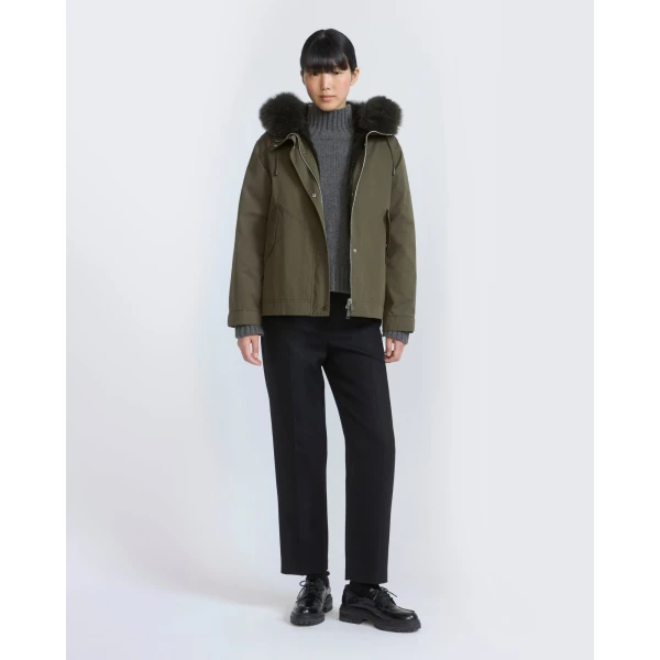 Yves Salomon Short Cotton Parka with Fox and Rabbit Fur in Dark Khaki | Jackets | Luxury Shoes 