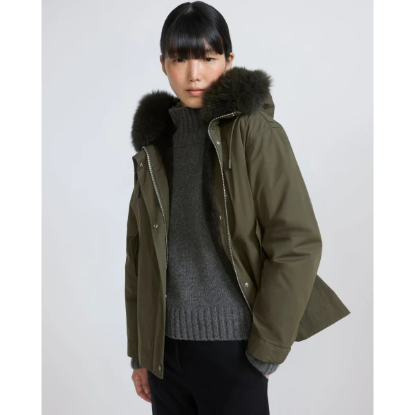 Yves Salomon Short Cotton Parka with Fox and Rabbit Fur in Dark Khaki | Jackets | Luxury Shoes 