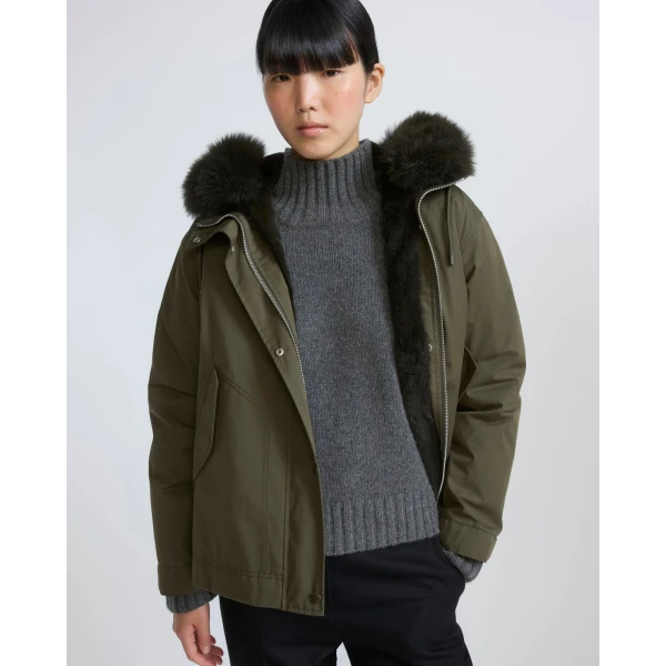 Yves Salomon Short Cotton Parka with Fox and Rabbit Fur in Dark Khaki | Jackets | Luxury Shoes 