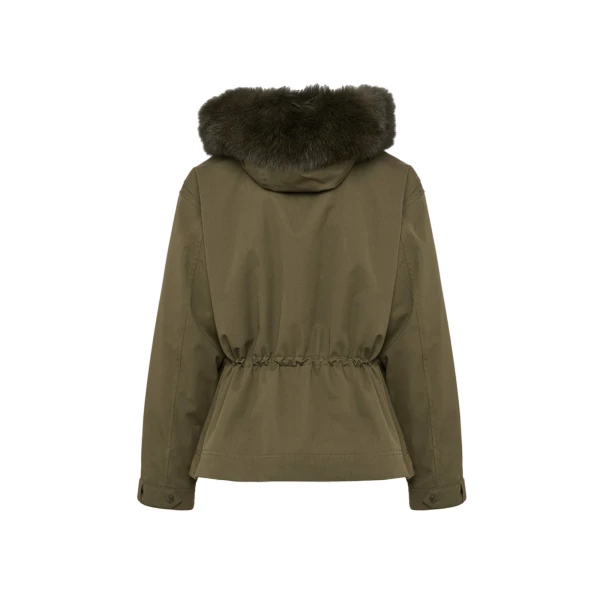 Short Cotton Parka with Fox and Rabbit Fur in Dark Khaki