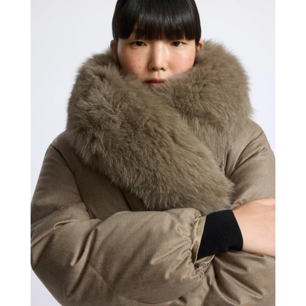 Yves Salomon Short Double-Breasted Flannel Down Jacket with Fox Fur Collar in Beige | Jackets | Luxury Shoes 