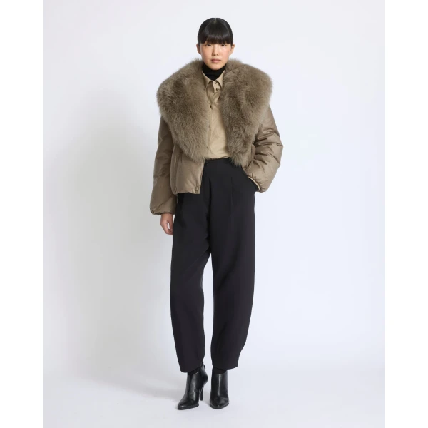 Yves Salomon Short Double-Breasted Flannel Down Jacket with Fox Fur Collar in Beige | Jackets | Luxury Shoes 
