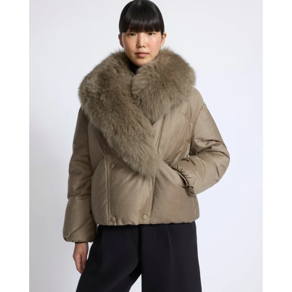 Yves Salomon Short Double-Breasted Flannel Down Jacket with Fox Fur Collar in Beige | Jackets | Luxury Shoes 