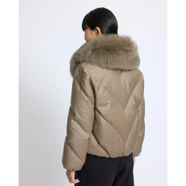 Yves Salomon Short Double-Breasted Flannel Down Jacket with Fox Fur Collar in Beige | Jackets | Luxury Shoes 