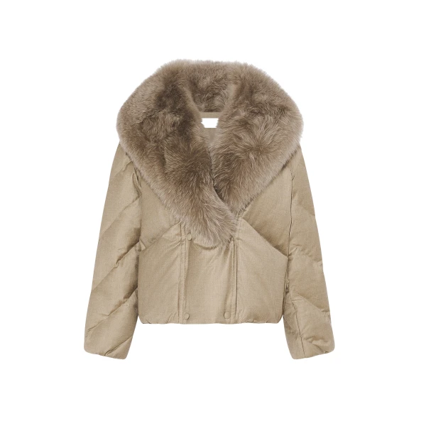 Yves Salomon Short Double-Breasted Flannel Down Jacket with Fox Fur Collar in Beige | Jackets | Luxury Shoes 