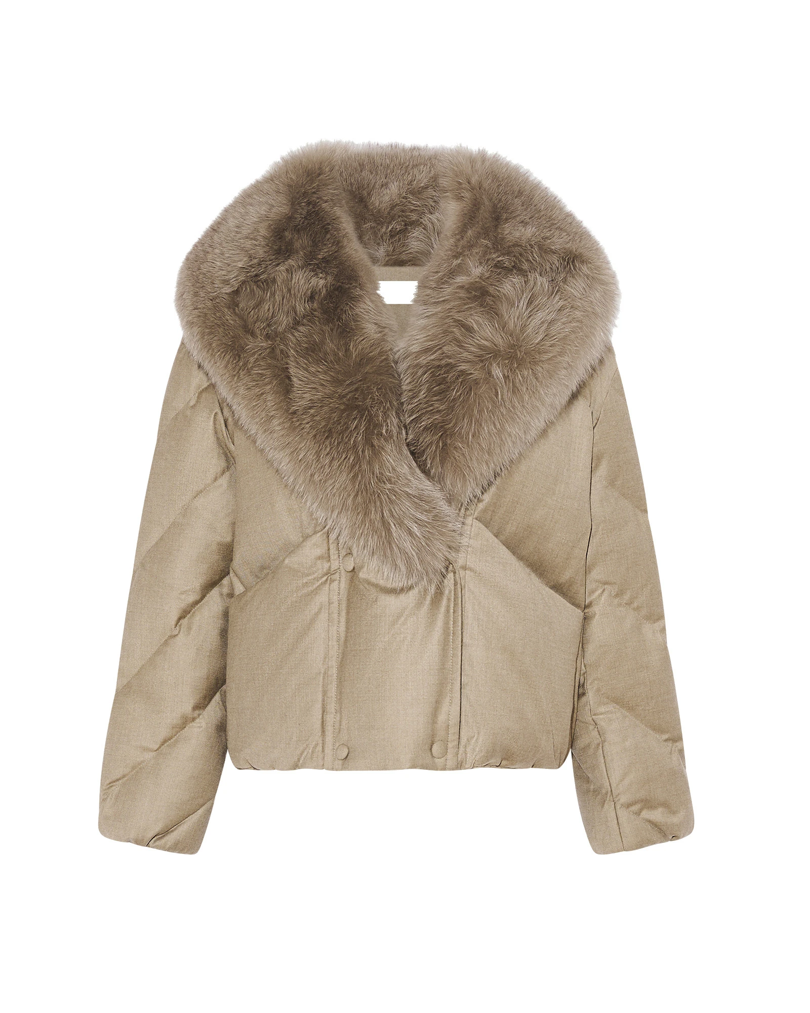 Yves Salomon Short Double-Breasted Flannel Down Jacket with Fox Fur Collar in Beige Yves Salomon Short Double-Breasted Flannel Down Jacket with Fox Fur Collar in Beige | Jackets | Luxury Shoes