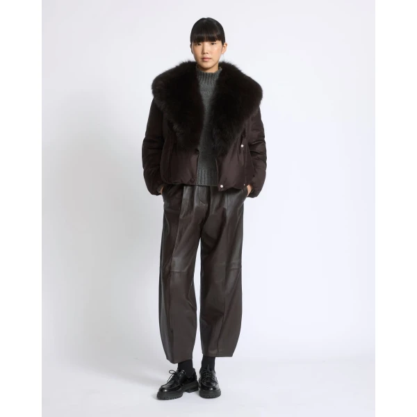 Yves Salomon Short Double-Breasted Flannel Down Jacket with Fox Fur Collar in Brown | Jackets | Luxury Shoes 