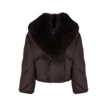 Yves Salomon Short Double-Breasted Flannel Down Jacket with Fox Fur Collar in Brown | Jackets | Luxury Shoes 