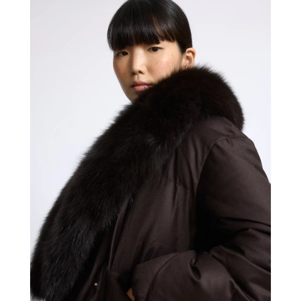 Yves Salomon Short Double-Breasted Flannel Down Jacket with Fox Fur Collar in Brown | Jackets | Luxury Shoes 