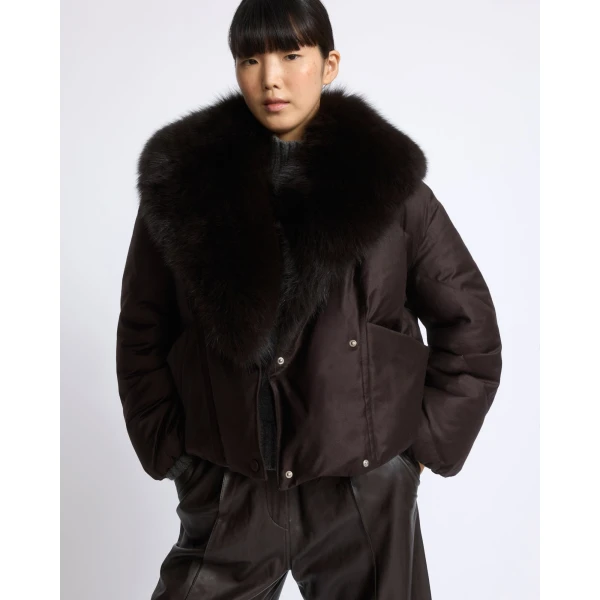 Yves Salomon Short Double-Breasted Flannel Down Jacket with Fox Fur Collar in Brown | Jackets | Luxury Shoes 