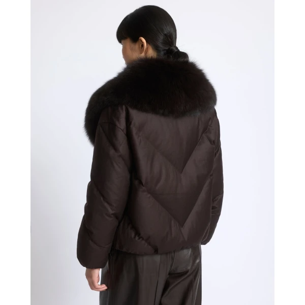 Yves Salomon Short Double-Breasted Flannel Down Jacket with Fox Fur Collar in Brown | Jackets | Luxury Shoes 