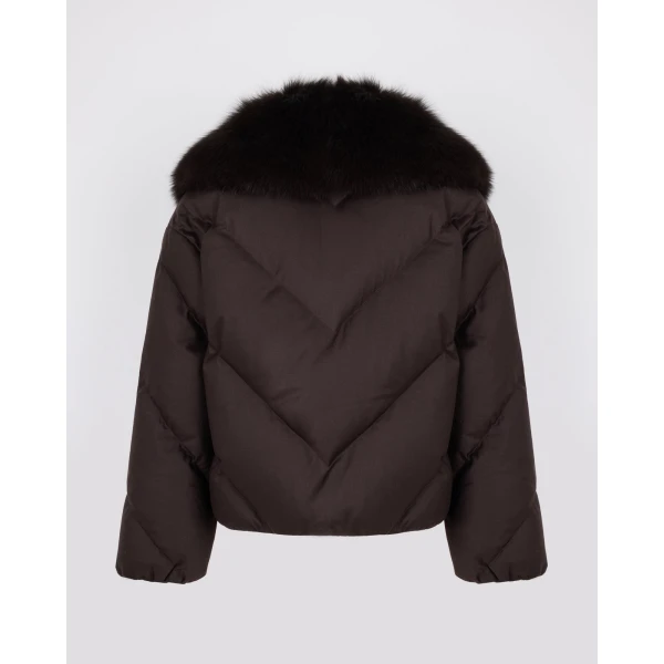 Yves Salomon Short Double-Breasted Flannel Down Jacket with Fox Fur Collar in Brown | Jackets | Luxury Shoes 