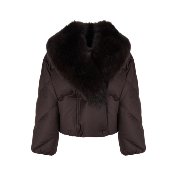 Yves Salomon Short Double-Breasted Flannel Down Jacket with Fox Fur Collar in Brown | Jackets | Luxury Shoes 