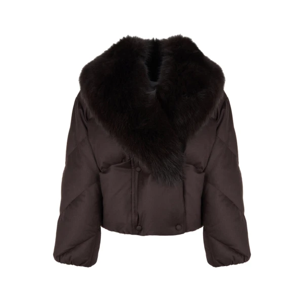 Yves Salomon Short Double-Breasted Flannel Down Jacket with Fox Fur Collar in Brown | Jackets | Luxury Shoes 