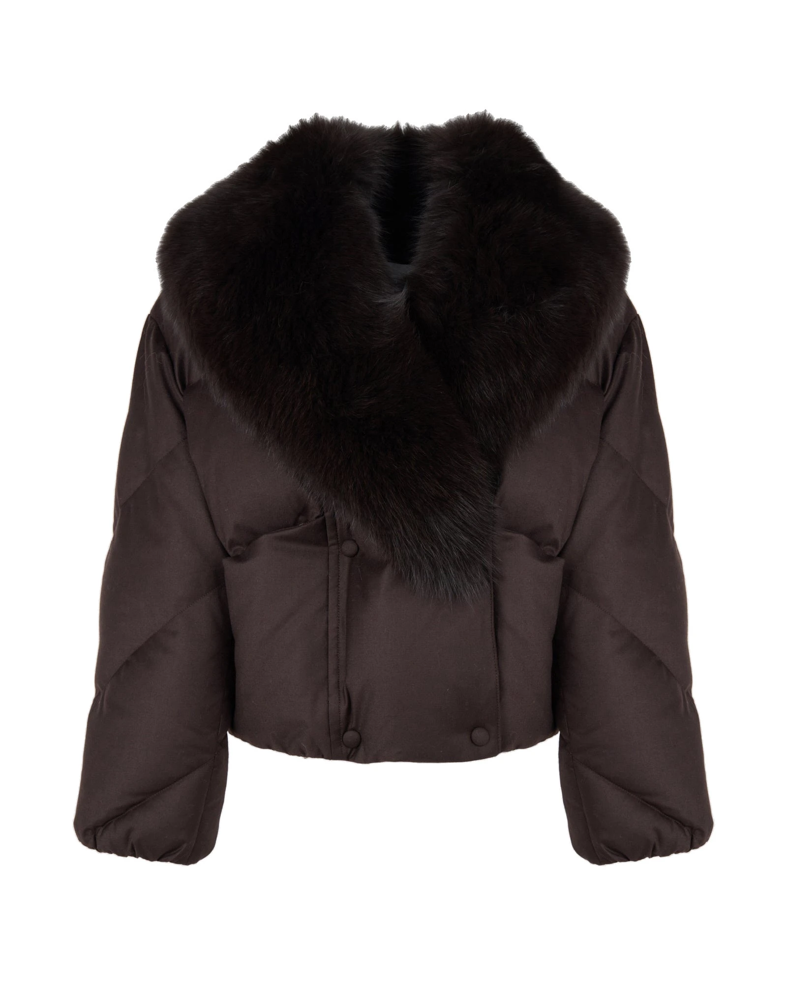 Yves Salomon Short Double-Breasted Flannel Down Jacket with Fox Fur Collar in Brown Yves Salomon Short Double-Breasted Flannel Down Jacket with Fox Fur Collar in Brown | Jackets | Luxury Shoes