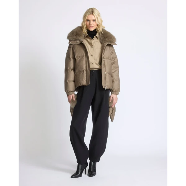 Yves Salomon Short Flannel Down Jacket with Detachable Fox Fur Collar and Mittens in Beige | Jackets | Luxury Shoes 