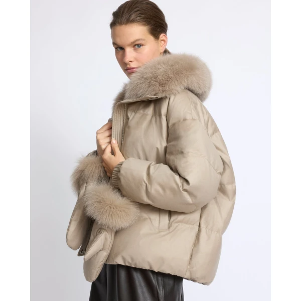 Yves Salomon Short Flannel Down Jacket with Detachable Fox Fur Collar and Mittens in Beige | Jackets | Luxury Shoes 